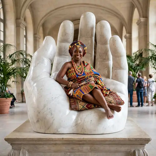 Elegant Black Woman in Colossal Hand Sculpture