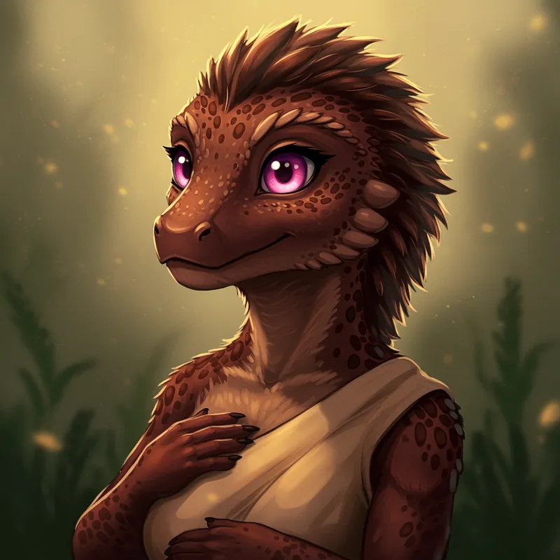 Fluffy Female Dinosaur with Pink Eyes