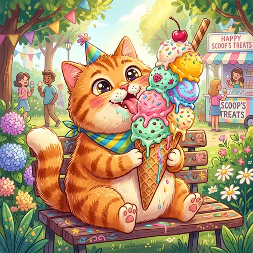 Comical Cat Enjoying Multi-Flavored Ice Cream Cone