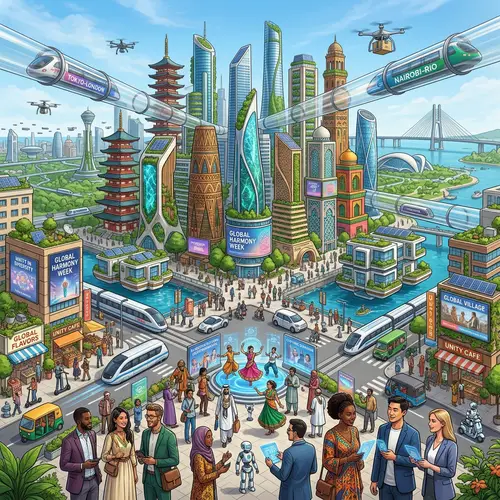 Futuristic Globalization Scene - Diverse Cultural Cities & Technology