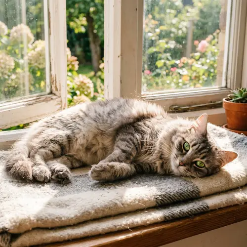 Fluffy Grey and White Tabby Cat Lounging in Sunlight