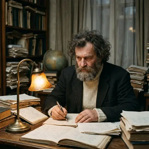 Maxim Gorky Lookalike in Untidy Study Setting