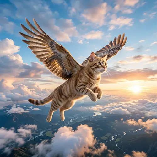 Winged Cat Soaring Through Skies