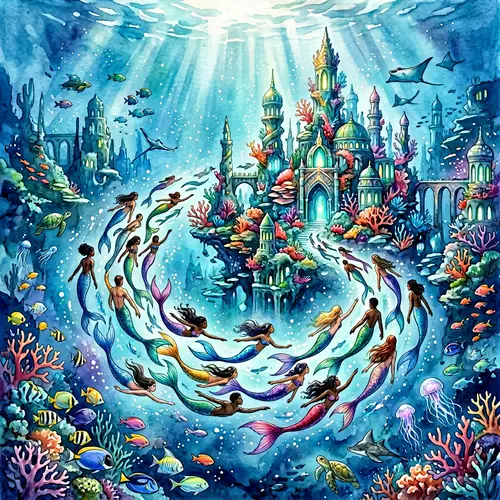 Fantastical Underwater Cityscape with Graceful Mermaids | Fantasy Realm