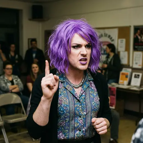 Angry Man in Women's Attire with Purple Hair