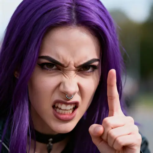 Angry Man in Women's Attire with Purple Hair