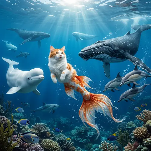 White Orange Cat Mermaid Swimming with Whales in Sea
