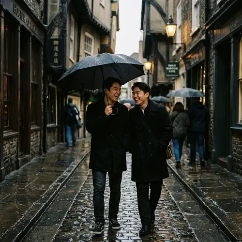 Young Asian Men Laughing in Rain Under Umbrella