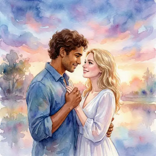 Romantic Watercolor Painting of Happy Multicultural Couple