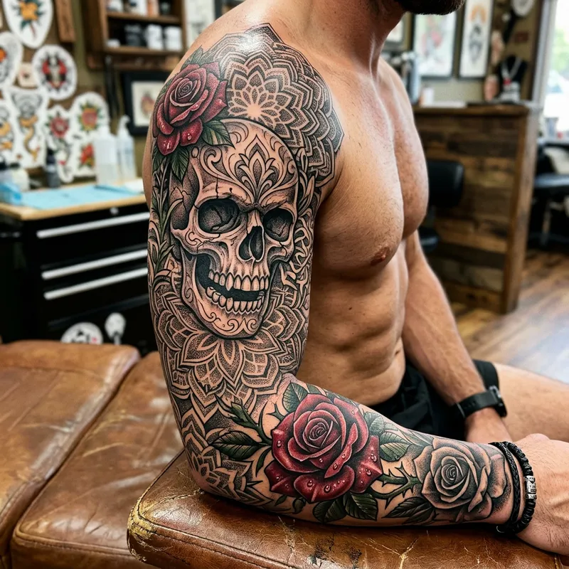 Stunning Arm Sleeve Tattoo: Skull, Mandala & Roses