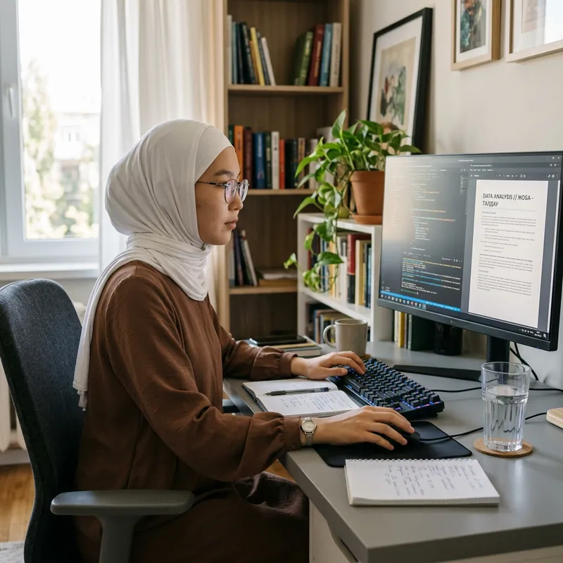 Kazakh Girl with Glasses at Computer Desk - Focus and Intelligence Kazakh Girl with Glasses at Computer Desk - Focus and Intelligence