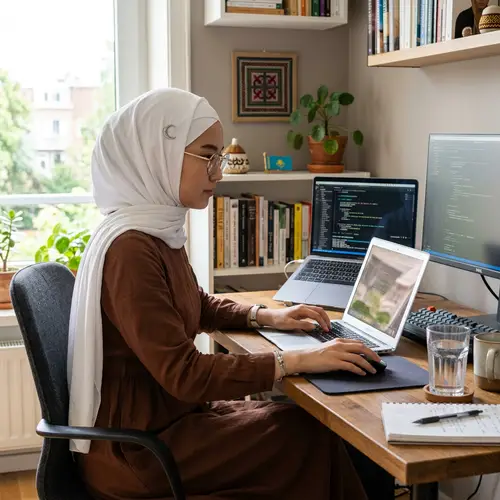 Ethnic Kazakh Girl Working at Computer | Islamic Attire