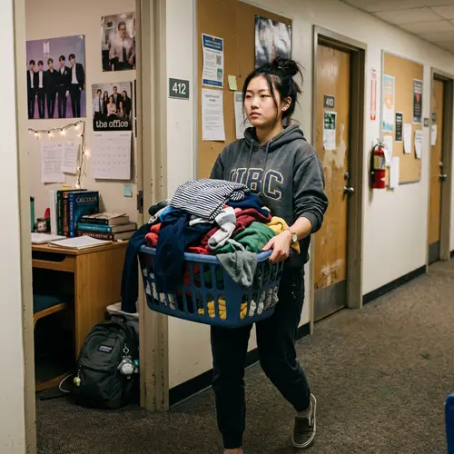 East Asian Female Student Doing Laundry | Dormitory Scene