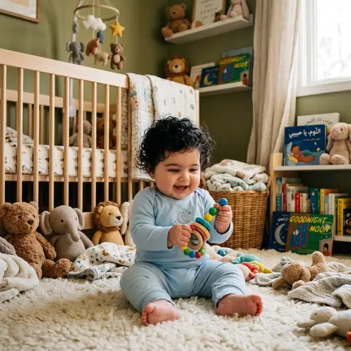 Adorable Middle-Eastern Baby in Blue Onesie | Nursery Scene