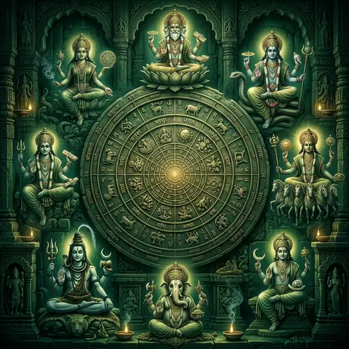 Ancient Hindu Astrology with Divine Deities in Bottle Green