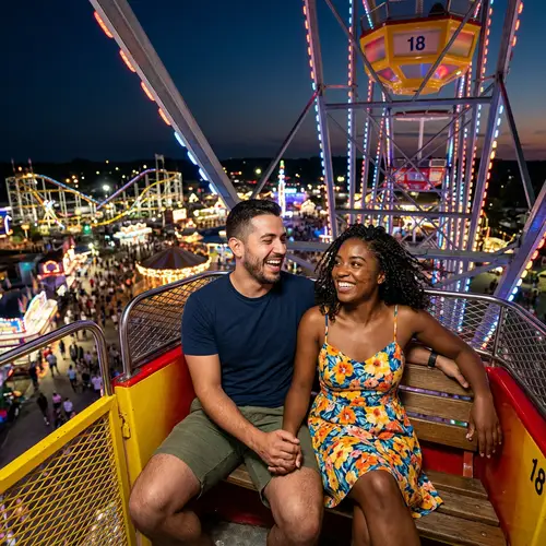 Diverse Couple Enjoying Ferris Wheel Ride at Amusement Park