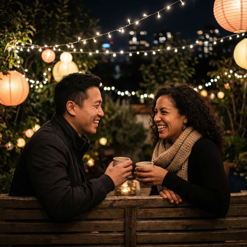 Enchanting Night Ambiance with Playful Couple Sharing Moments