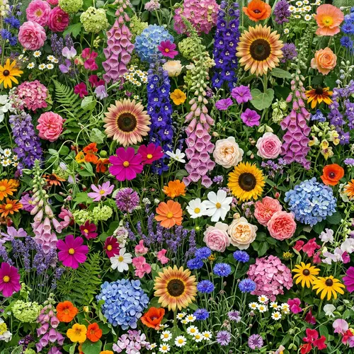 Detailed Floral Background | Vibrant Flowers in Pink, Blue, Green