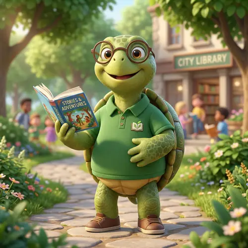 Friendly 3D Turtle Mascot with Glasses and Book