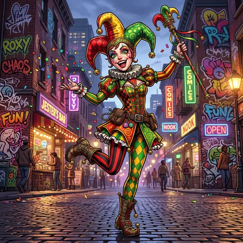 Vibrant Female Jester 3D Character Rendering