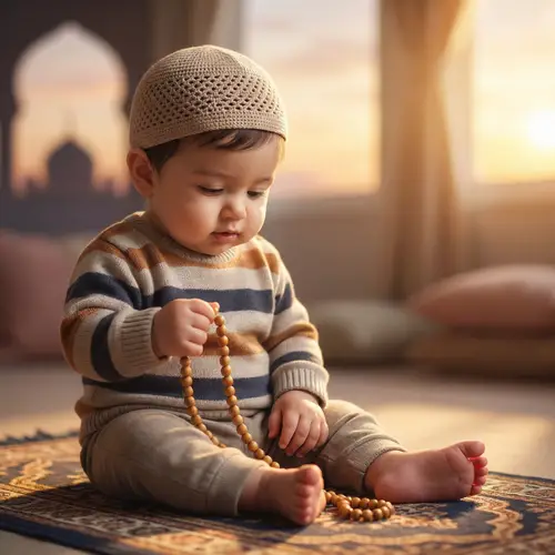 Charming Muslim Baby on Prayer Mat with Tasbeeh