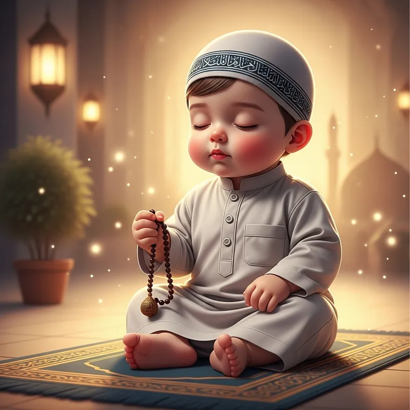 Charming Muslim Baby on Prayer Mat with Tasbeeh