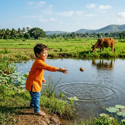 South Asian Boy Throwing Stone at Curious Cow