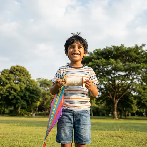 Young South Asian Boy Flying Kite in Park | Happy and Playful