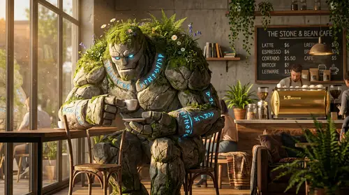 Surreal Stone Golem in Cozy Coffee Shop