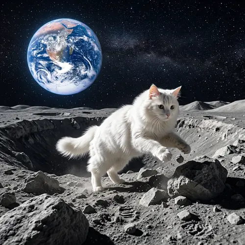 White Fluffy Cat Playing on Moon's Craters | Stunning Lunar Scene