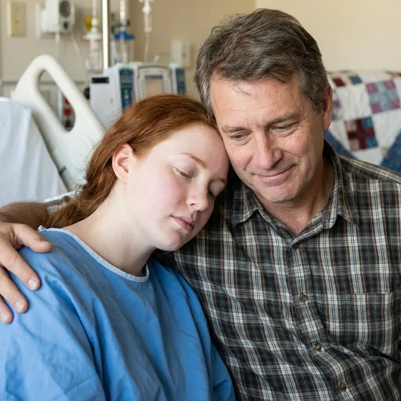 Caring Father with Ill Daughter in Hospital Bed Caring Father with Ill Daughter in Hospital Bed
