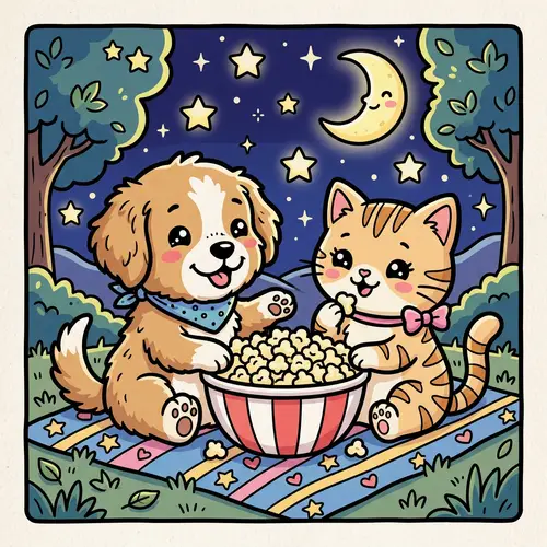 Puppy and Kitten Sharing Popcorn Under Stars
