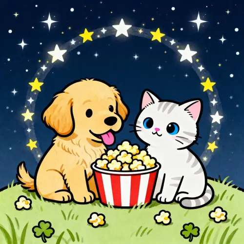 Puppy and Kitten Sharing Popcorn Under Stars