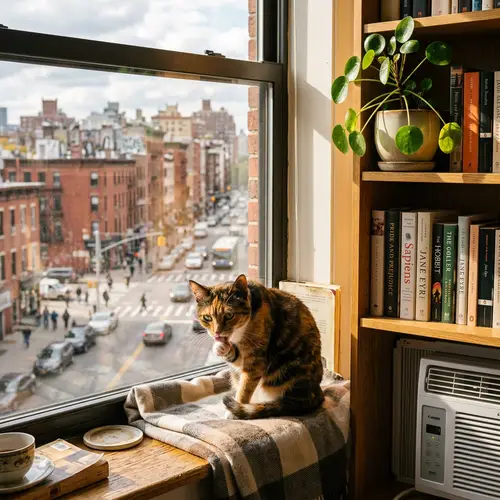 Sleek Domestic Cat Grooming on Windowsill with Cityscape View