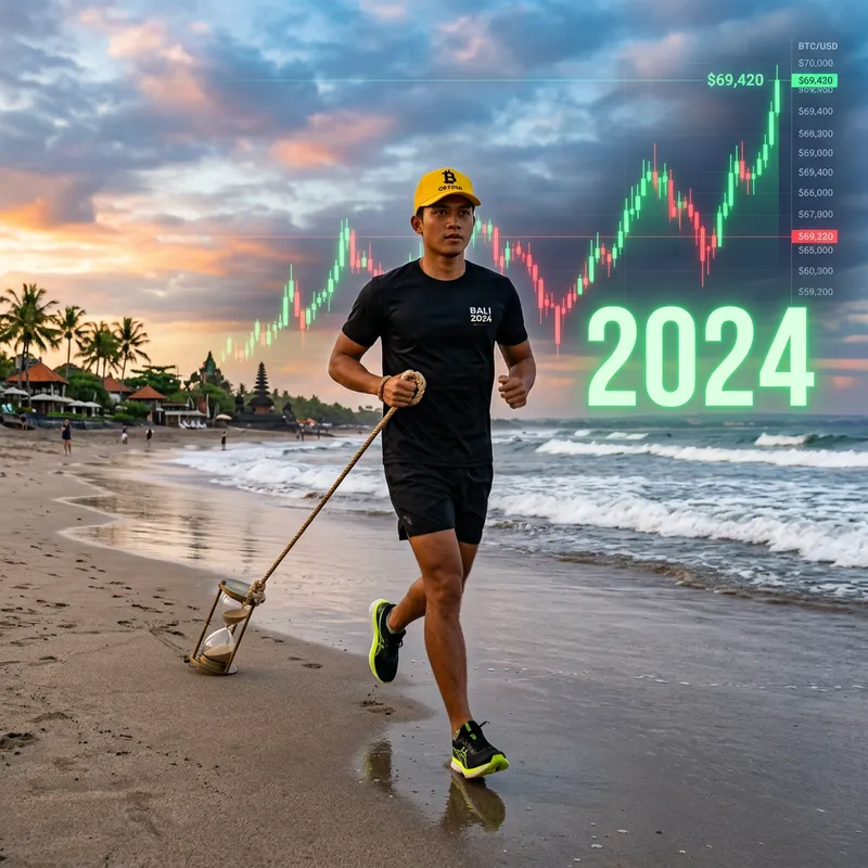 Scenic Jogging in Bali: Nike Dunk Shoes, Bitcoin Cap, 2024 Graph