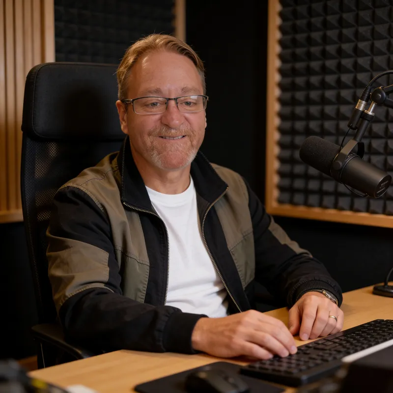 Stylish Audio Host Portrait in Intimate Setting Stylish Audio Host Portrait in Intimate Setting