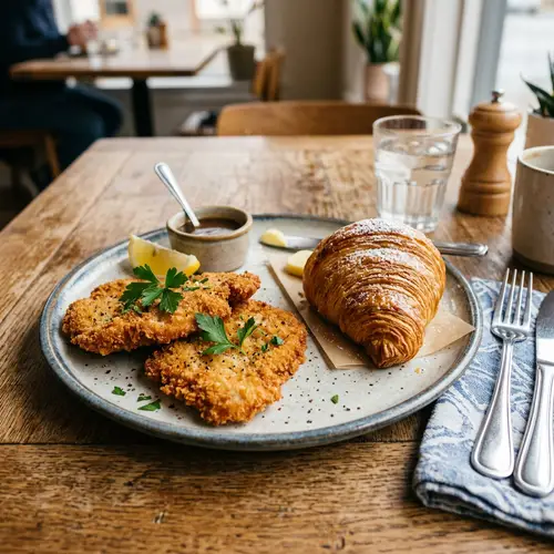 Delicious Croissant and Cutlets on One Plate