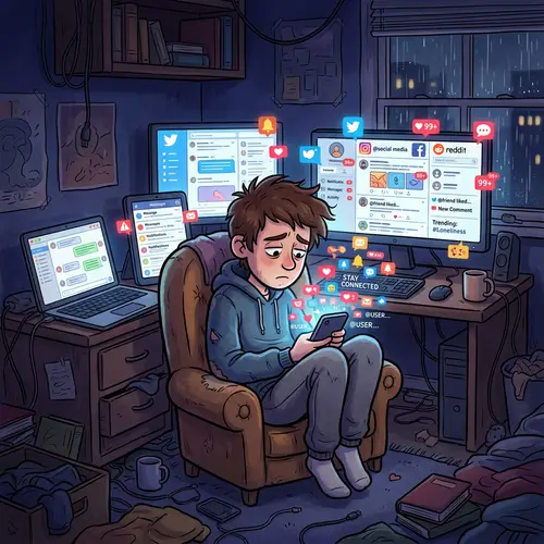Sadness in a Digital World: Person Surrounded by Social Media Notifications