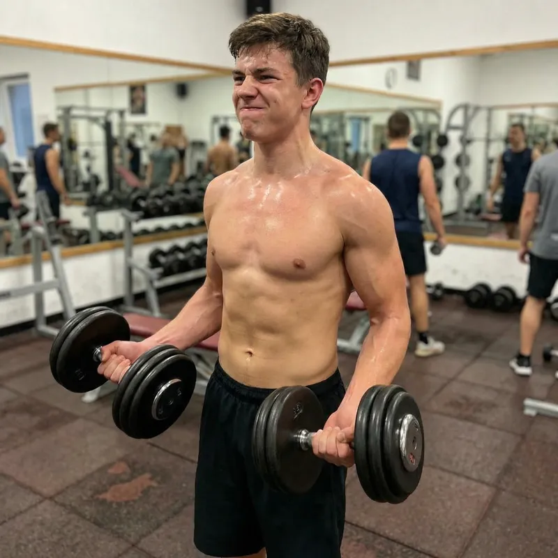Shirtless Young Bodybuilder Lifting Dumbbells in Gym