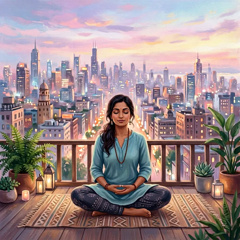 Tranquil South Asian Woman Lotus Pose with Cityscape View | Yoga Art