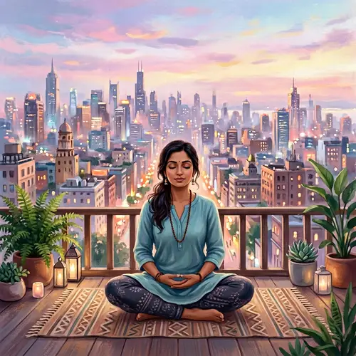 Serene Woman in Lotus Pose with Moscow Cityscape | Yoga Event Art