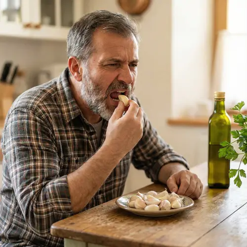 Middle-Aged Hispanic Man Biting Garlic | Mediterranean Scene