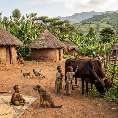 Ethiopian Village: Babies Interacting with Farm Animals