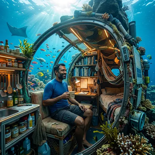 Surreal Underwater Habitat - South Asian Man in Ocean