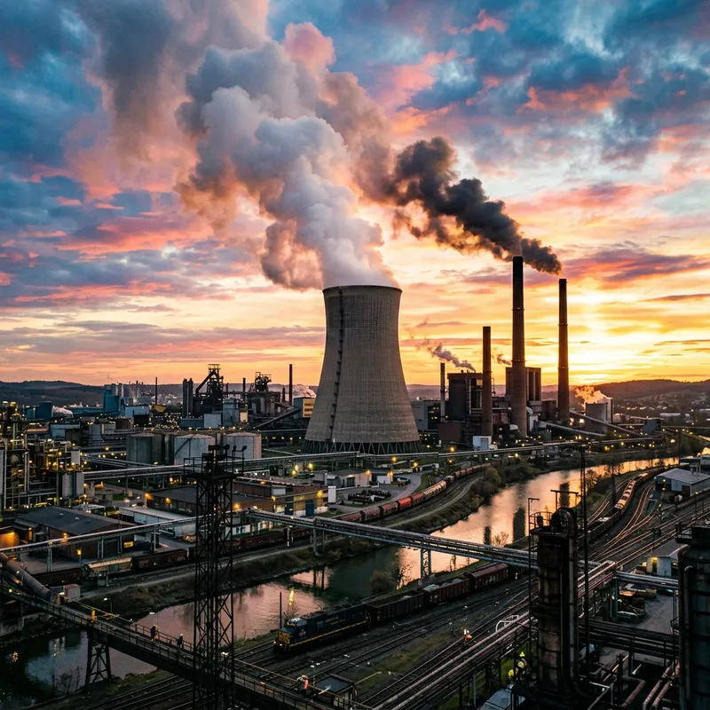 Realistic Industrial Landscape at Sunset | Factory Chimneys & Cooling Tower