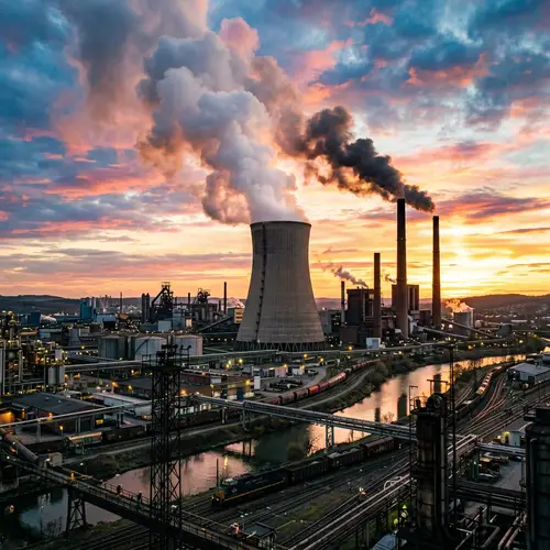 Realistic Sunset Industrial Landscape Photo with Factory Chimneys