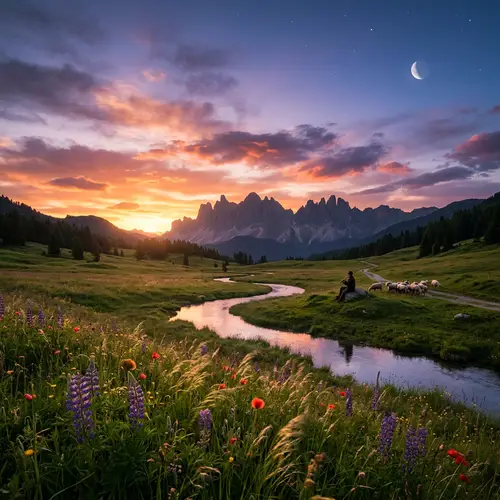 Captivating Sunset Scene: Mountains, Flowers & Evening Tranquility
