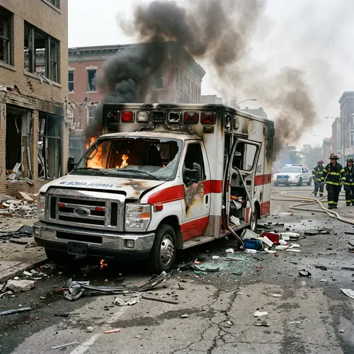 Destroyed Ambulance Engulfed in Flames