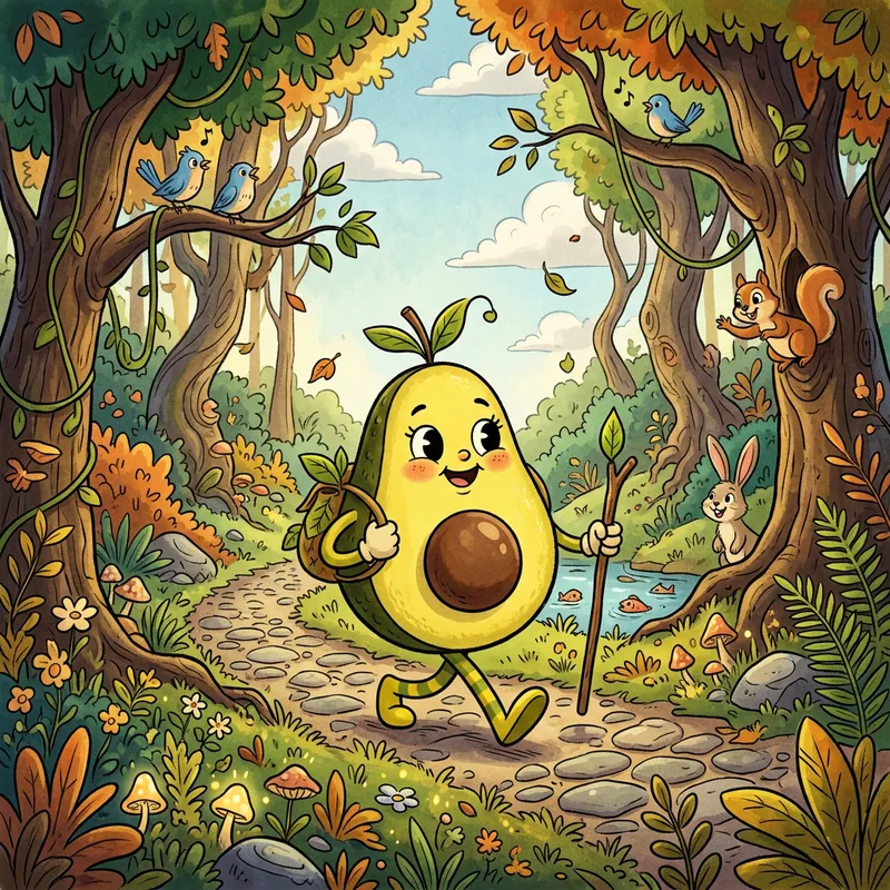 Pixar-Style Yellow Avocado Animation in Expressive Forest Setting