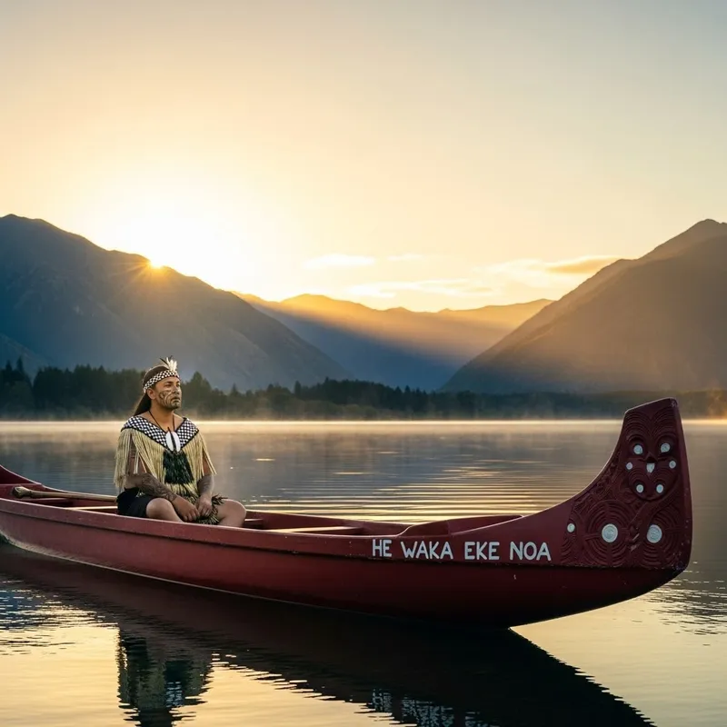 Majestic Sunrise Over Serene Lake and Māori Canoe